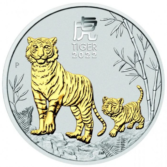 Stříbrná mince pozlacená rok Tygra 1 OZ - Lunární série